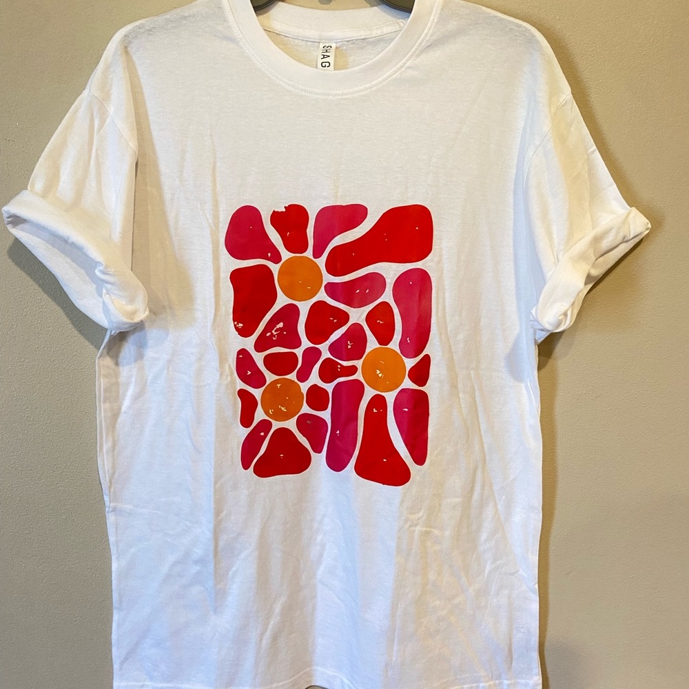 White Graphic T-Shirt with PINK and Orange Design
